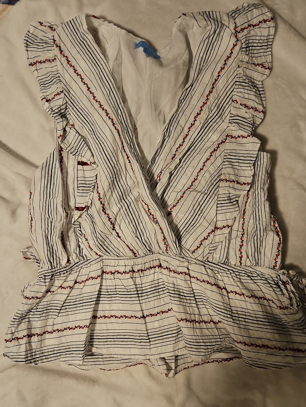 Draper James White Blouse with Navy Stripe Detail